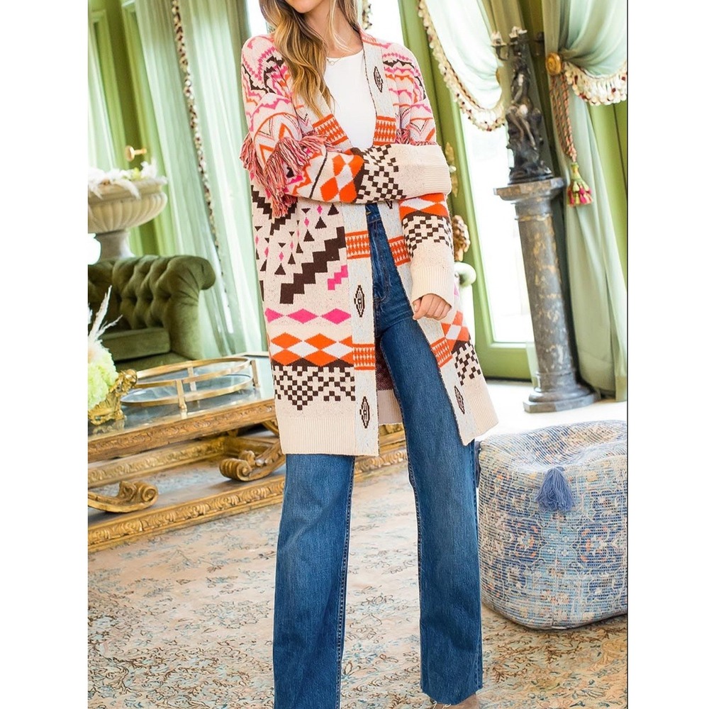 THML Fringe Long Cardigan Womens Large Multicolor Aztec Duster Hippie Boho